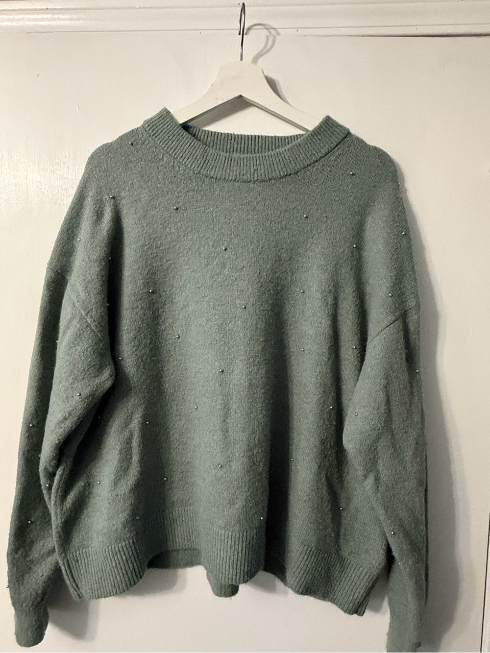 H&M Sage Green Crewneck Sweater with Bead Detail